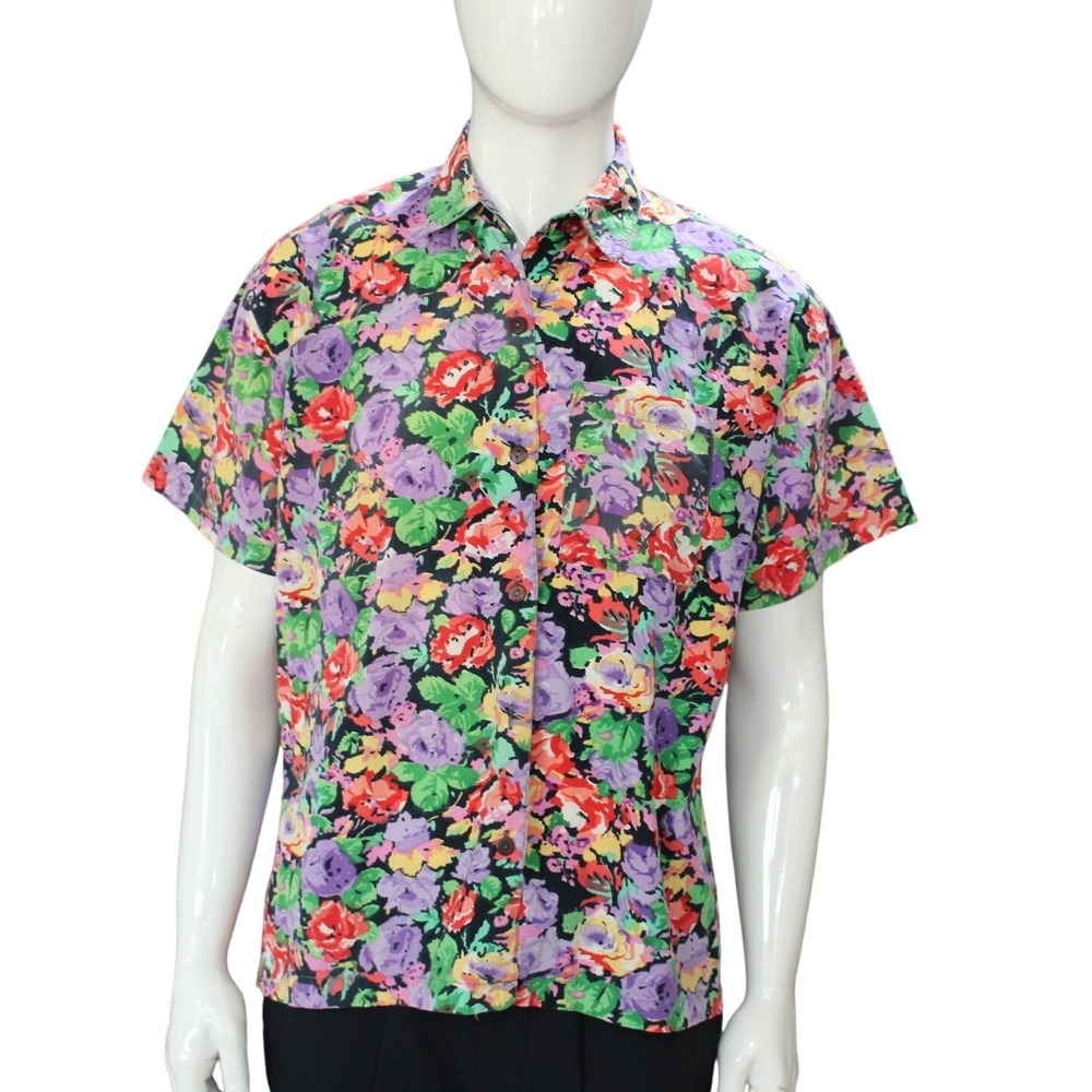 Access Mens Medium Floral Button Up Shirt Short Sleeve 100% Cotton Bold Print